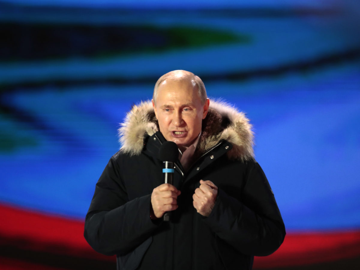 Russian President Vladimir Putin Speaks During A Rally Near The Kremlin