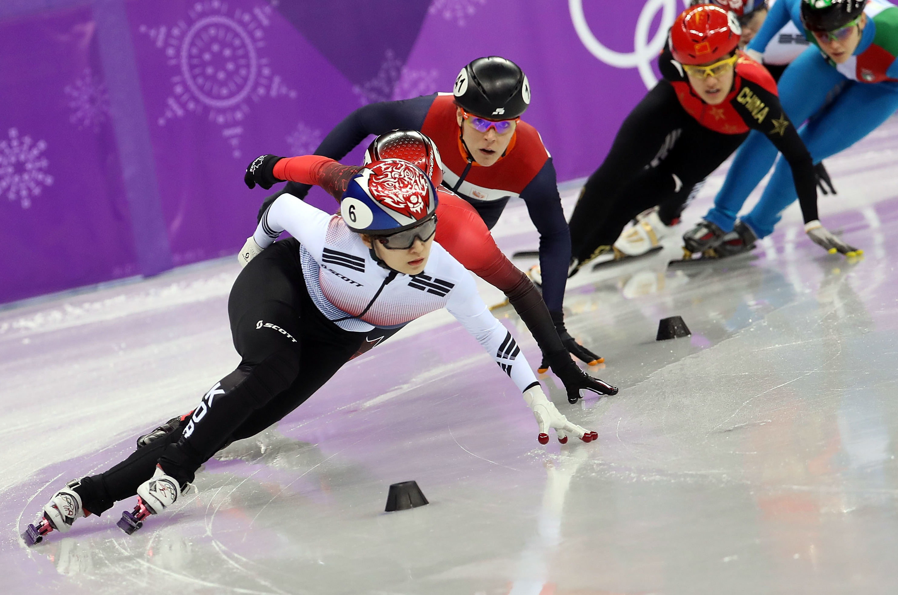 Skaters compete in the 1,500meter women's short track. The ice for