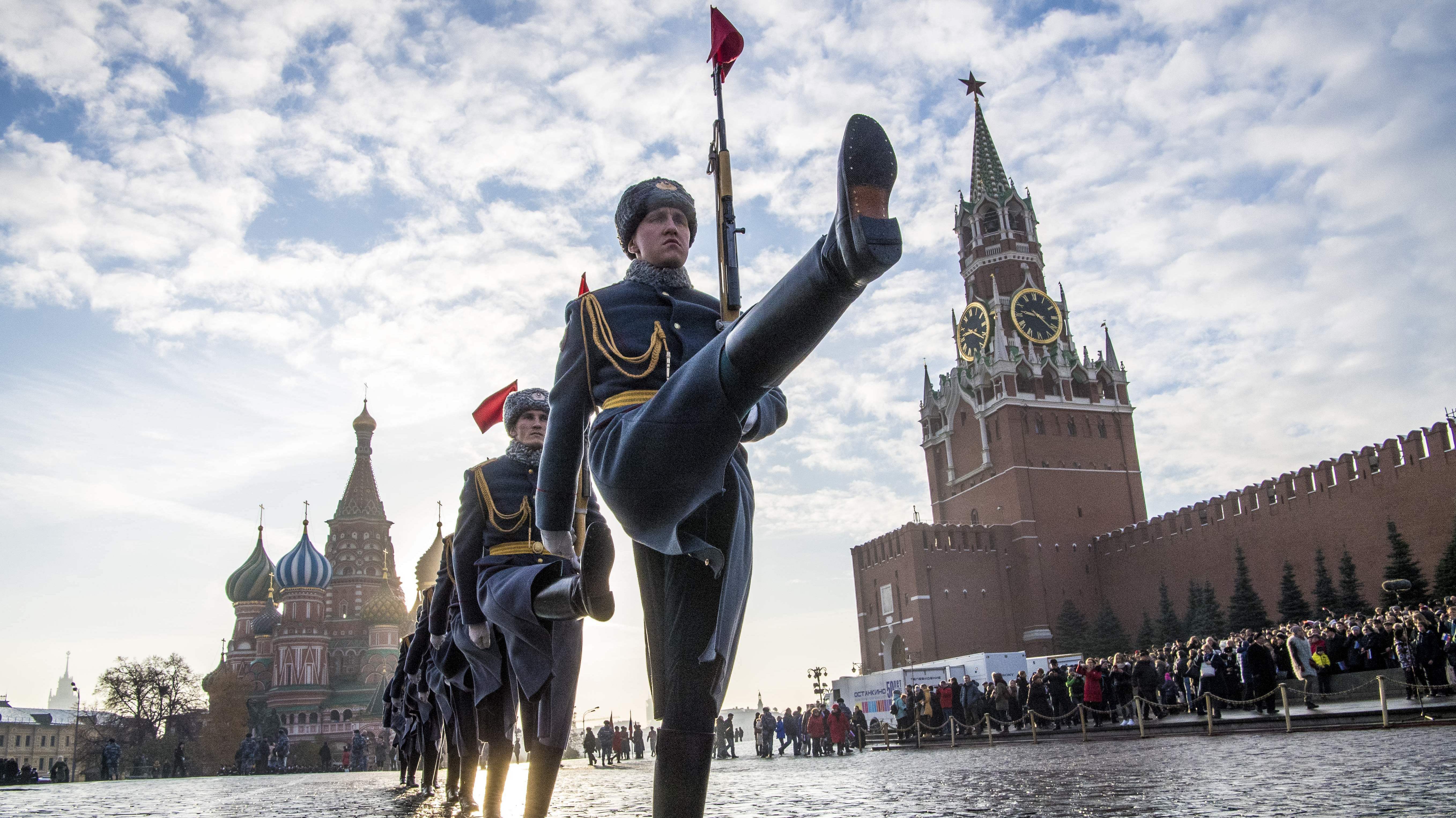 Russian Honor Guards March During The Military Parade At Red Square In