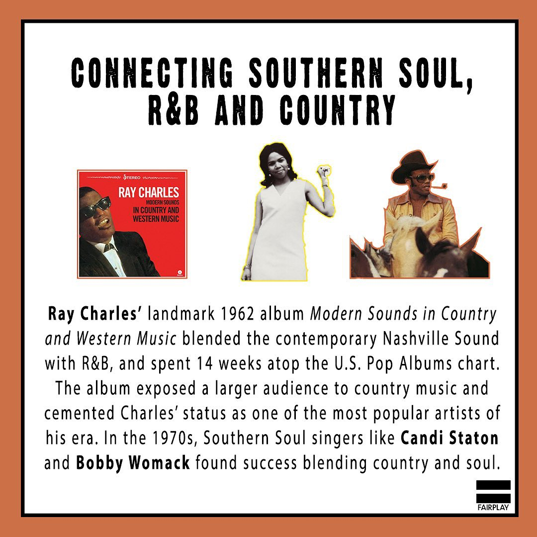 Ray Charles' Modern Sounds in Country and Western Music exposed a much broader audience to country music in 1962. Later, singers such as Bobby Womack and Candi found success fusing country and soul.