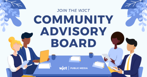 Text "Join the WJCT Community Advisory Board" above a drawing of a board table with four people sitting around it looking at papers and devices.