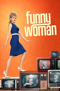 Promotional poster for 'Funny Woman,' featuring a woman in a blue dress posing playfully on a background with stacked vintage TVs displaying her images.