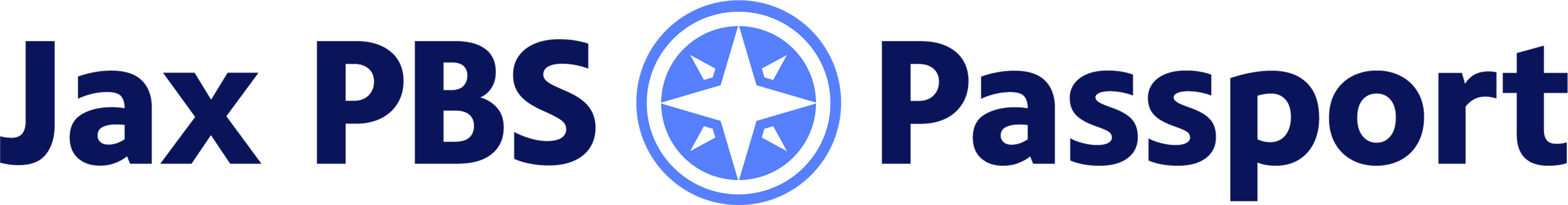 Logo for Jax PBS Passport, featuring bold navy blue text with the word "Jax PBS" on the left and "Passport" on the right, separated by a circular icon with a white star and compass design on a blue background.