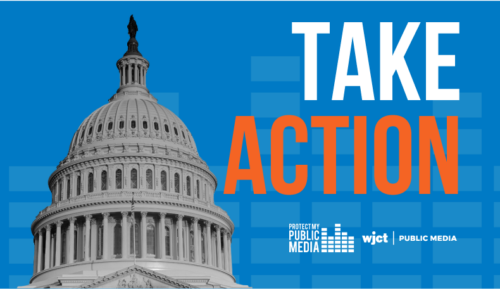 Graphic showing the U.S. Capitol dome with the words 'Take Action' in large bold letters. The phrase 'Protect My Public Media' appears alongside the WJCT Public Media logo.