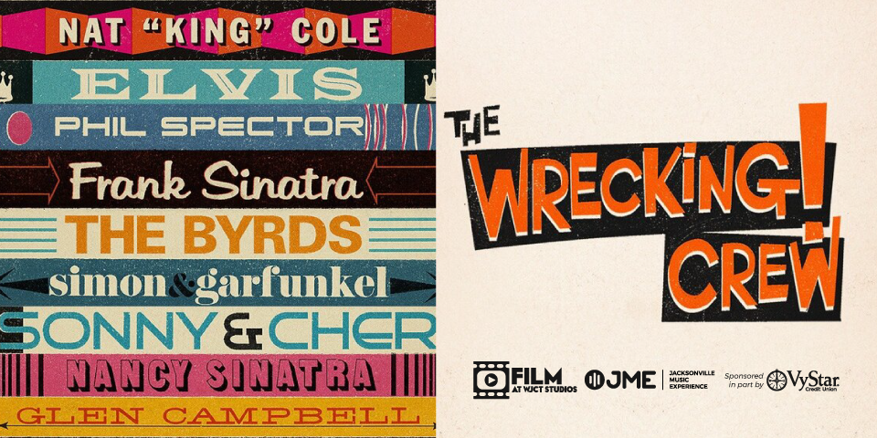 Promotional image featuring artist names like Elvis and Frank Sinatra on the left and "THE WRECKING CREW" title on the right, with sponsors JME and VyStar Credit Union.