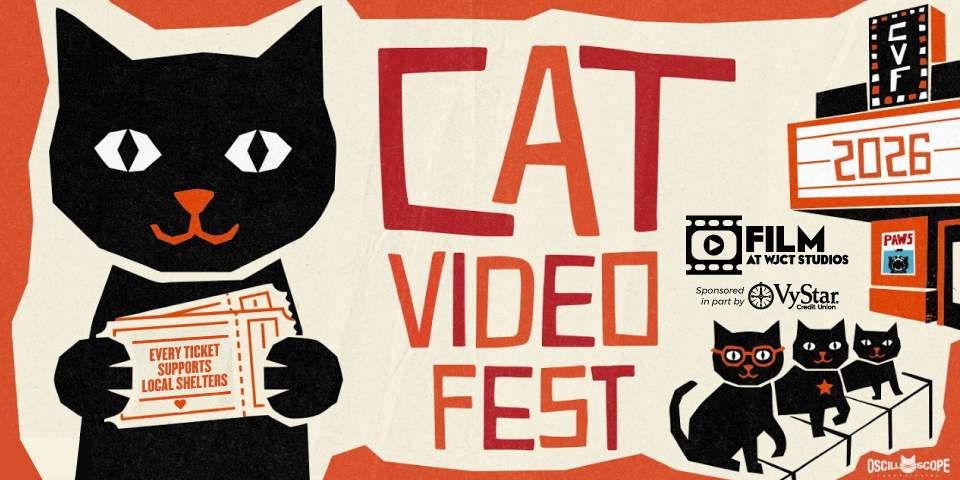 Promotional image for Cat Video Fest featuring a central black cat holding tickets, with the event title "CAT VIDEO FEST" in bold orange. Background in orange and cream, with smaller black cat silhouettes and sponsorship logos.