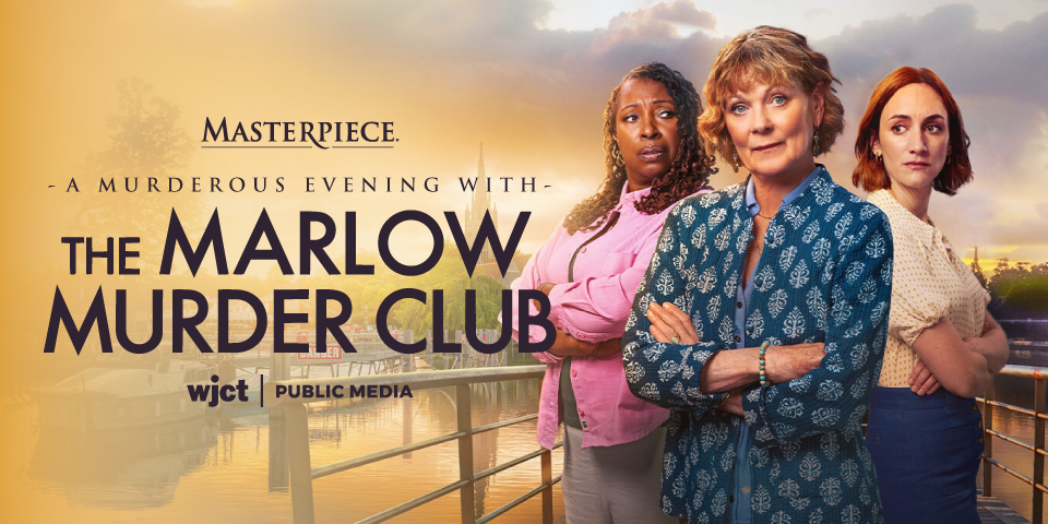 Three women stand together in front of a waterfront background, with text announcing "The Marlow Murder Club - A Screening" and "Masterpiece."