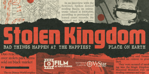 Promotional graphic for "Stolen Kingdom," featuring bold red title text against a beige and grey collage background and lists sponsor VyStar Credit Union.