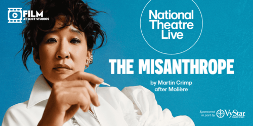Promotional poster for The Misanthrope, featuring a woman (Sandra Oh) in a white shirt against a turquoise background with National Theatre Live branding.