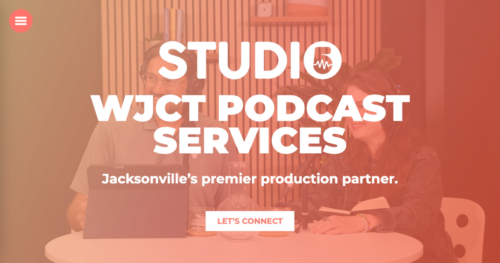 Two people wearing headphones record a podcast in Studio 5 with WJCT Podcast Services branding over the image.