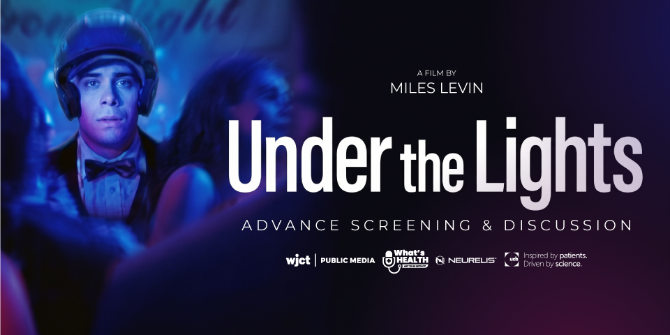 Promotional poster for Under the Lights, featuring a helmeted young man under blue lighting and announcing an advance screening and discussion.